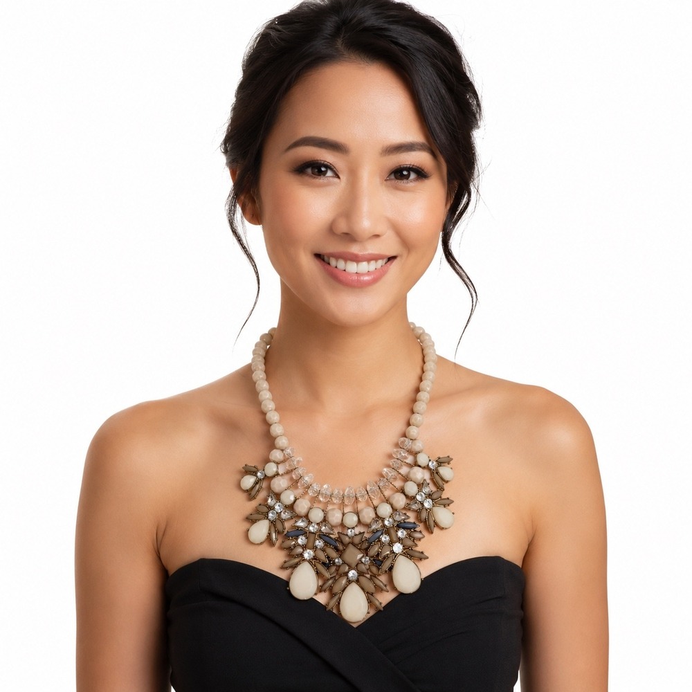 Neutral Beaded BibNecklace Gold‎ Tone Rhinestone Tan Beige Cream Party 103-189